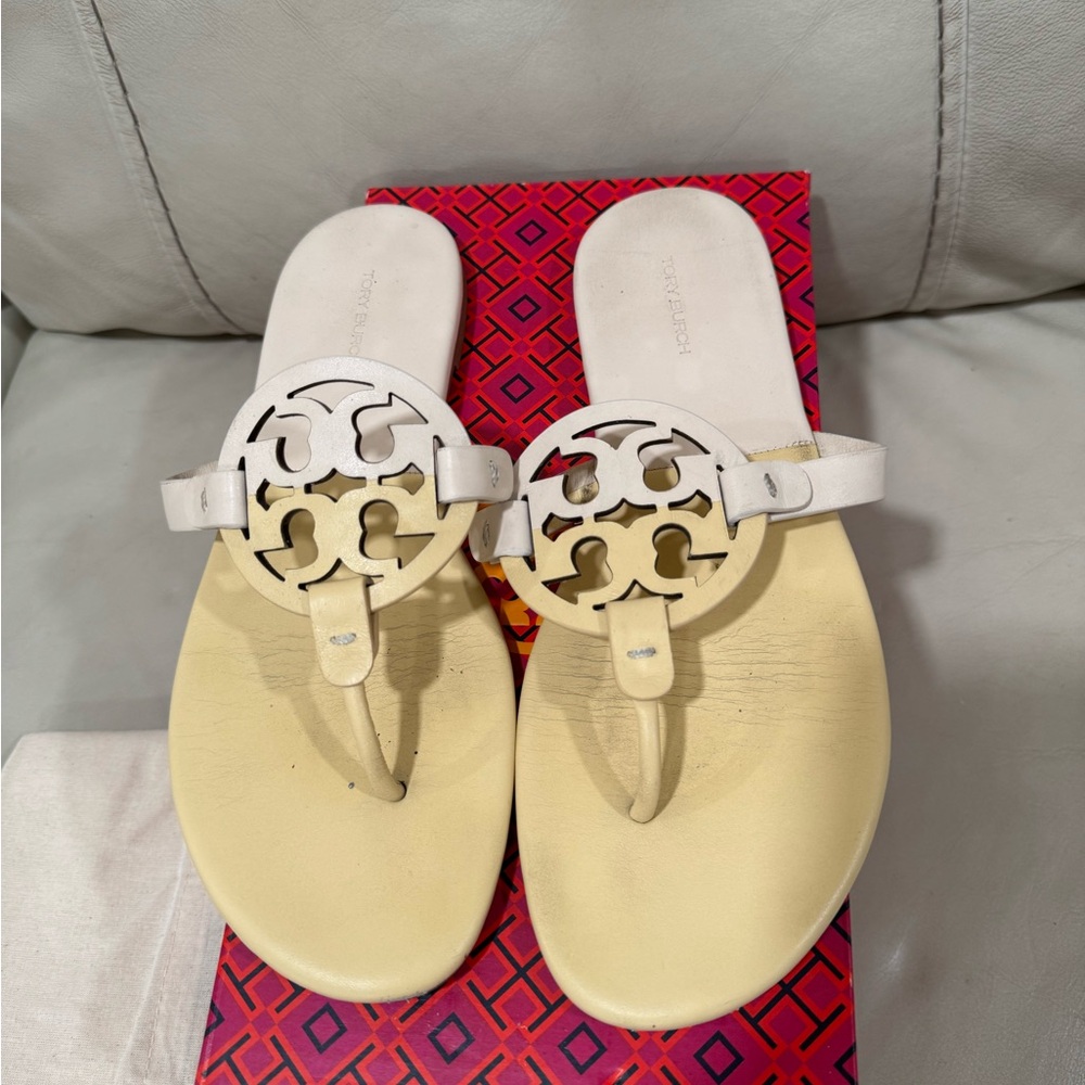 Tory Burch Cream and White Logo Sandals